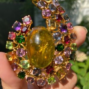 New Cabochon Toumaline & Colorful Spinel Brooch in 18k Solid Gold